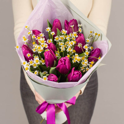 Букет из 11 фиолетовых тюльпанов с ромашками (танацетум) 46394
