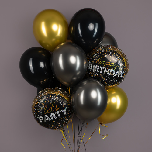 Связка воздушных шаров "С днем рождения" черный с золотом арт. 92435